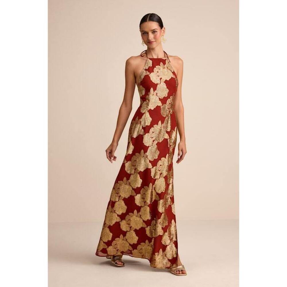 Lulus Brinley Rust And Gold Floral Jacquard Halter Maxi Dress Red - Size S - Picture 1 of 1